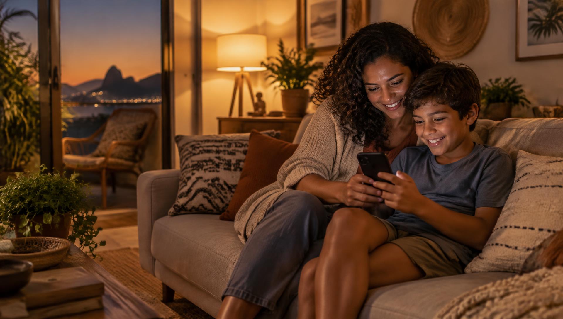 Mãe e filho sorrindo ao usar o celular no sofá de casa